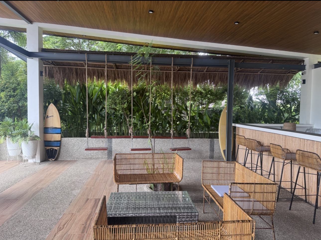 Rattan lounge seating and swing chairs at Severa's restaurant
